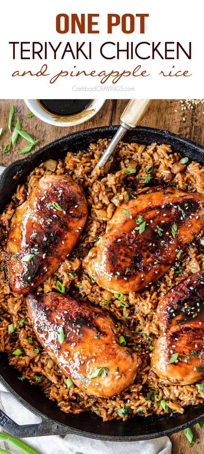 top view of Teriyaki Chicken breasts in a skillet with rice