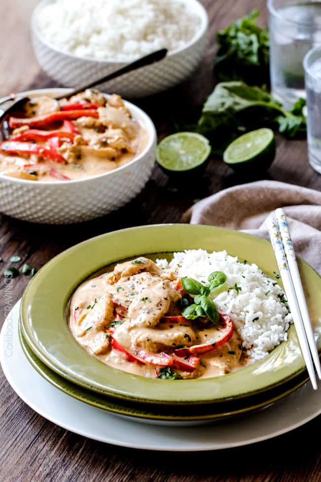 Chicken Panang Curry with white rice with basil.