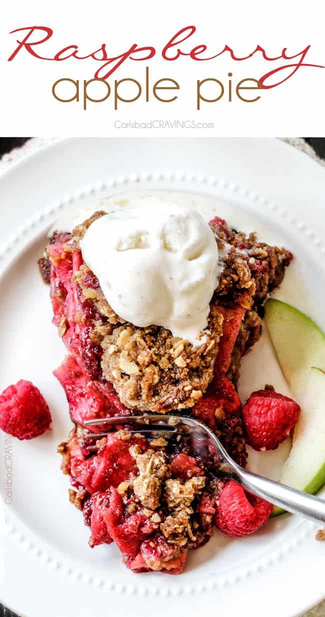 Easy Raspberry Apple Pie with Oatmeal Cookie Crumble Topping is an amazinlgy delicious twist on classic apple pie that everyone will go crazy for! I could eat the crust, filling or topping alone - every part is so good!