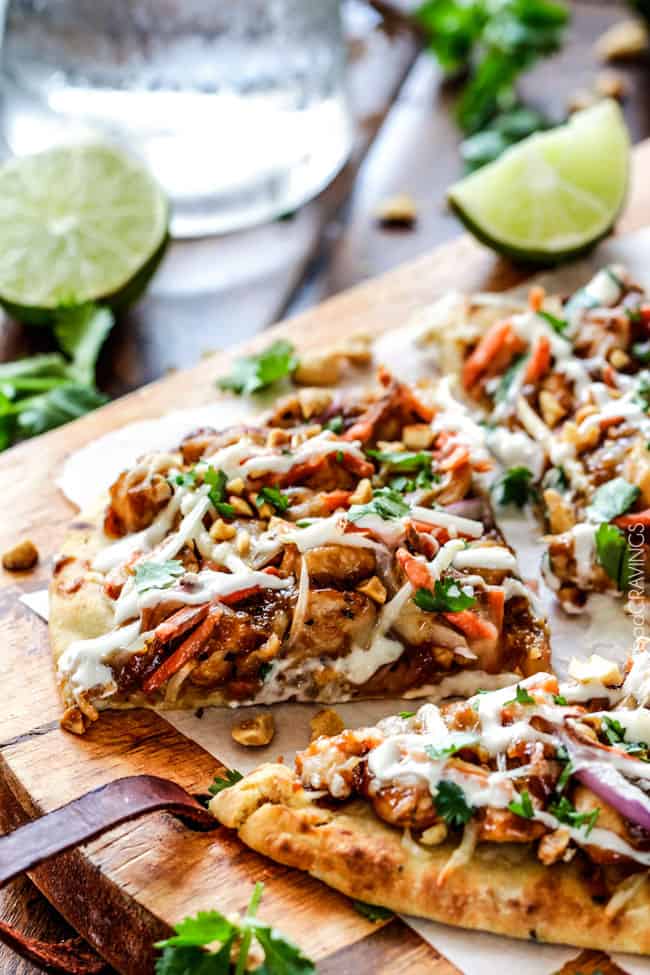 up close of a slice of Thai Chicken Pizza recipe