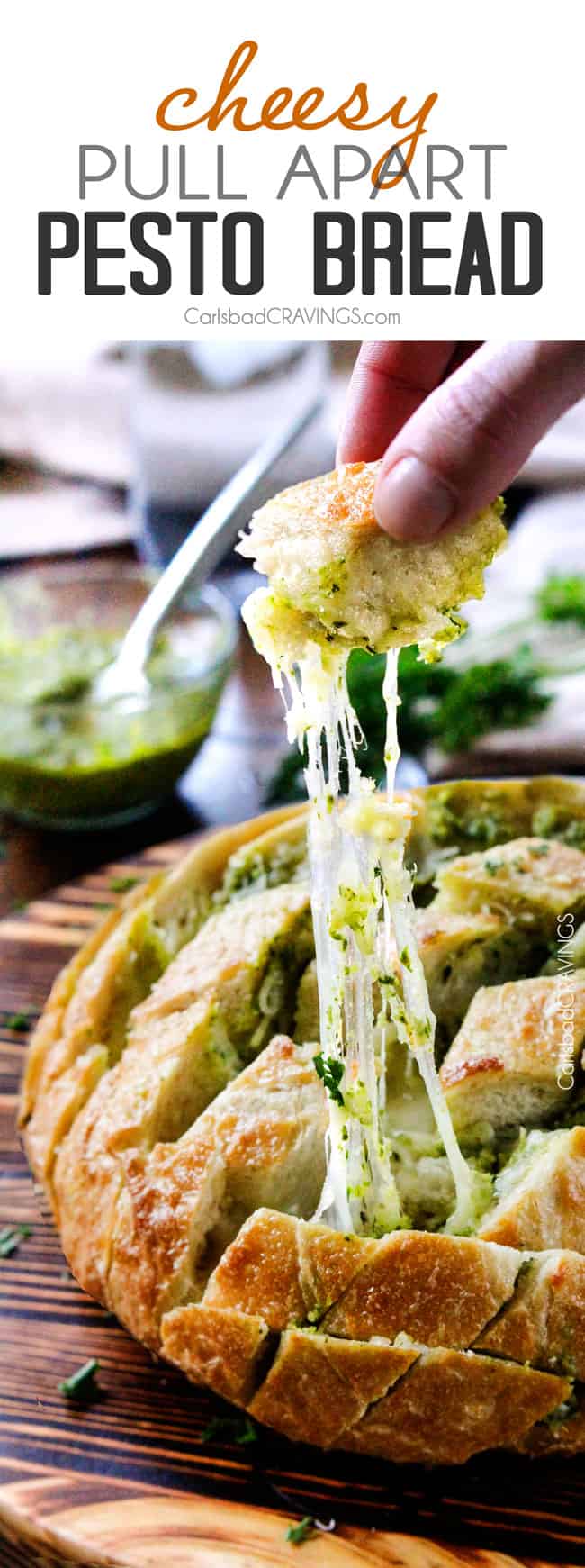 4 Ingredient, make ahead Cheesy Pull Apart Pesto Bread will make your life easier and all your parties more delicious!