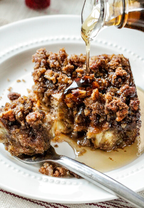 Easy Overnight Cinnamon Eggnog French Toast Casserole all made in advance makes it perfect for Christmas breakfast. And the Brown Sugar Pecan Streusel is amazing! Seriously the best French Toast Casserole ever.