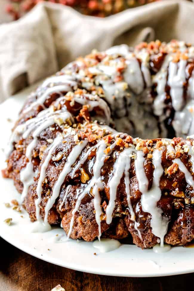 up close side view of Cinnamon Roll Monkey Bread made in a bundt pan