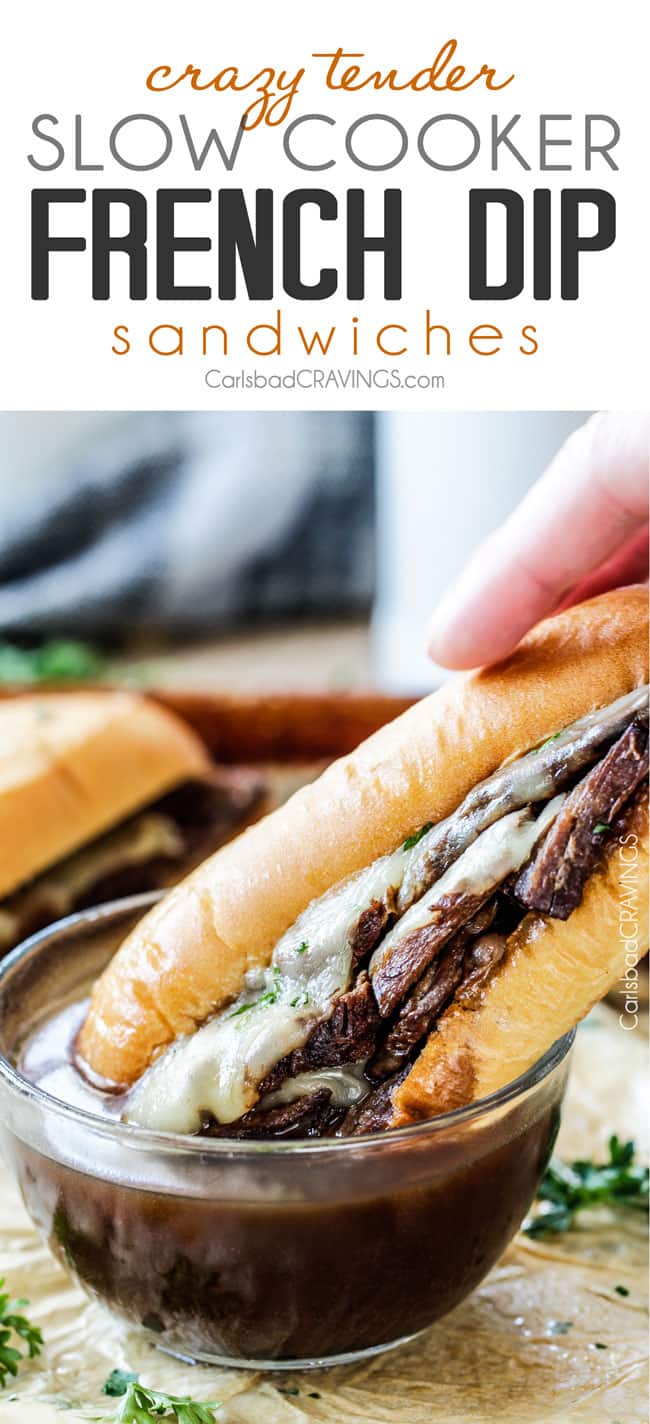 Crazy tender Slow Cooker French Dip Sandwiches seeping with spices are unbelievably delicious and make the easiest dinner or party food. You haven't had French Dip Sandwiches until you try these! absolutely the best!