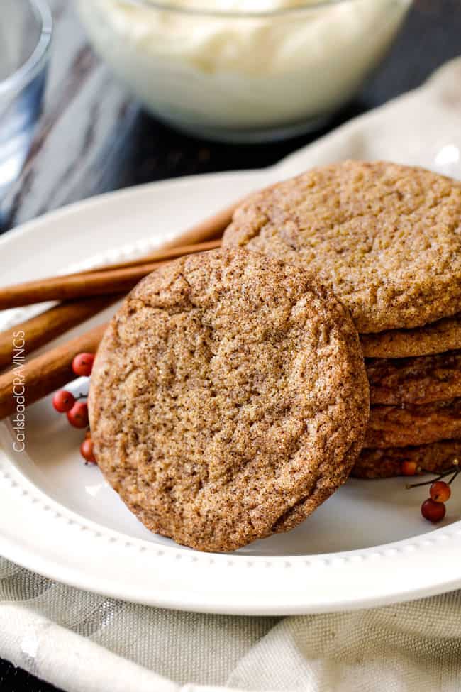 A stack of Soft Gingersnap Cookies on a white plate. 