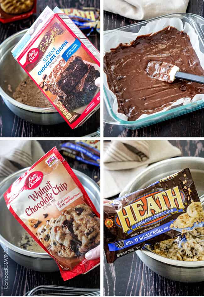 Showing how to make Toffee Chocolate Chip Cookie Dough Brownies
