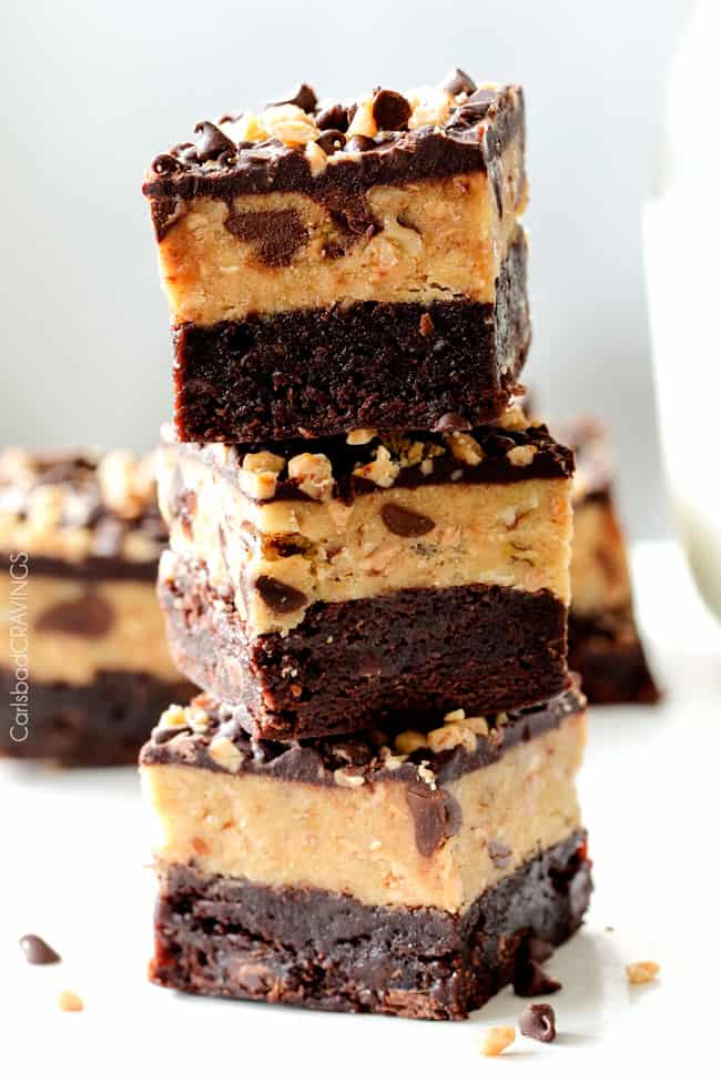 A stack of Toffee Chocolate Chip Cookie Dough Brownies.