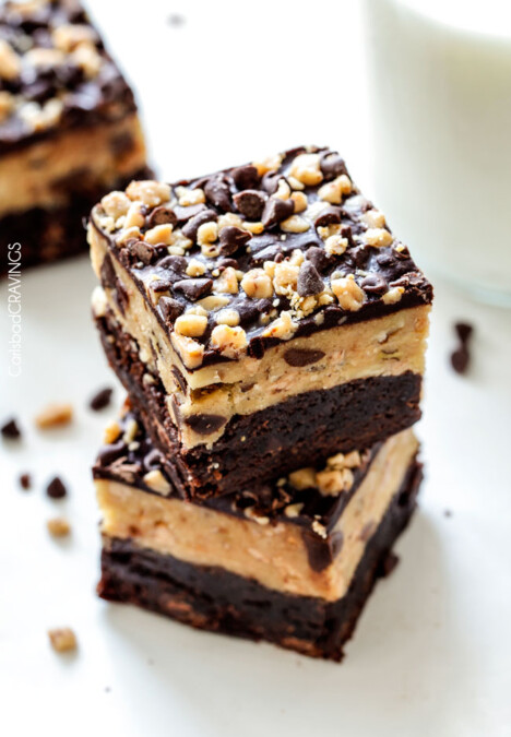 Easy box mix Toffee Chocolate Cookie Dough Brownies don’t get any easier or more delicious! A rich, fudgy brownie topped with eggless, toffee filled chocolate cookie dough!