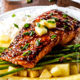 sweet and tangy Asian BBQ Salmon dripping with flavor but one of the easiest meals to throw together! Delicious enough for company, easy enough for everyday.