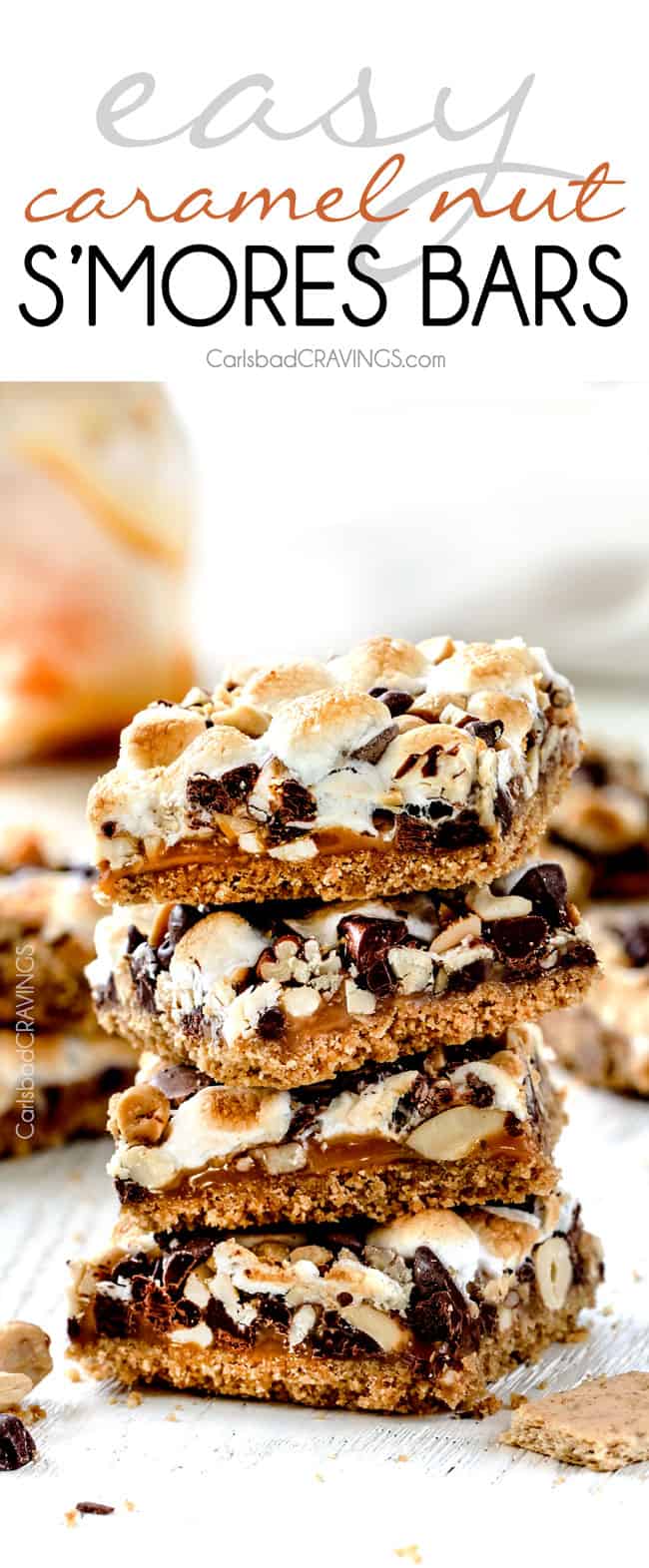 Caramel Nut S'mores Bars stacked up tall. 
