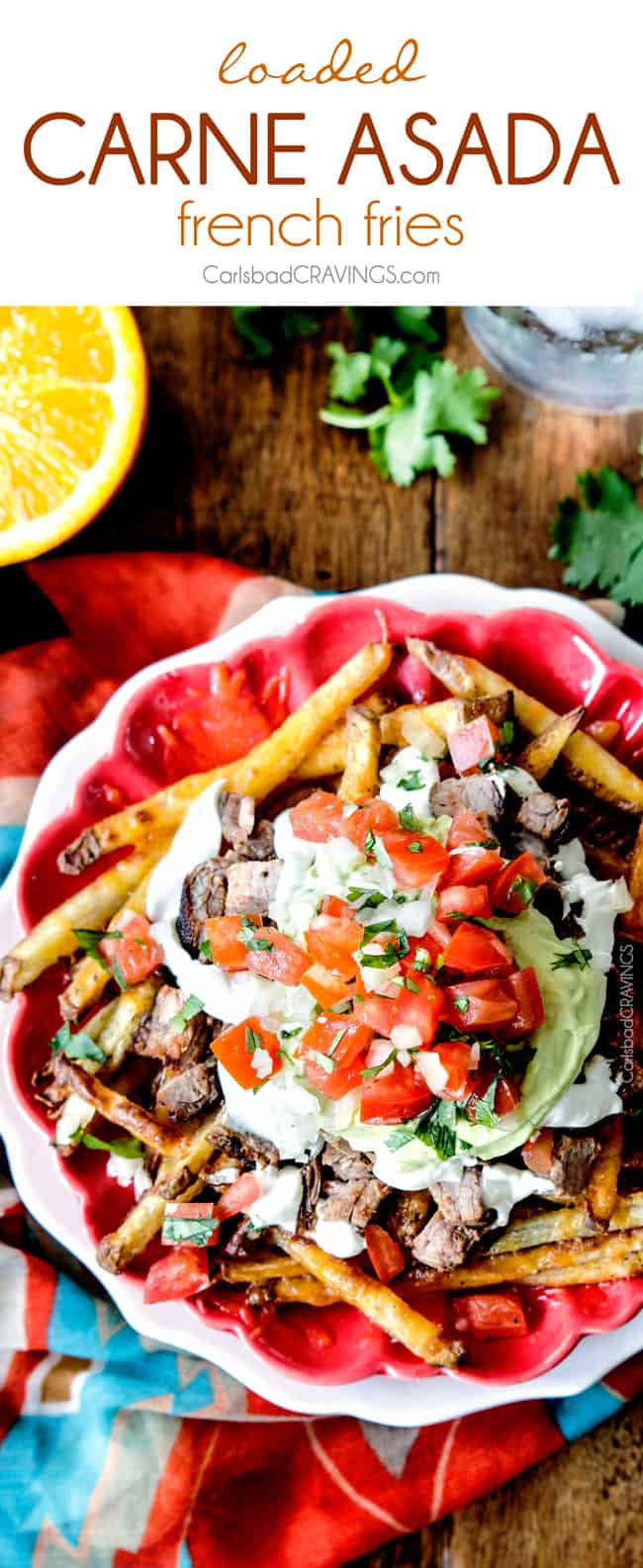 Forget the nachos, these Loaded Carne Asada Fries are so addictingly delicious! baked Mexican spiced French fries smothered in cheese and piled high with tender juicy steak, salsa, avocado crema, etc.