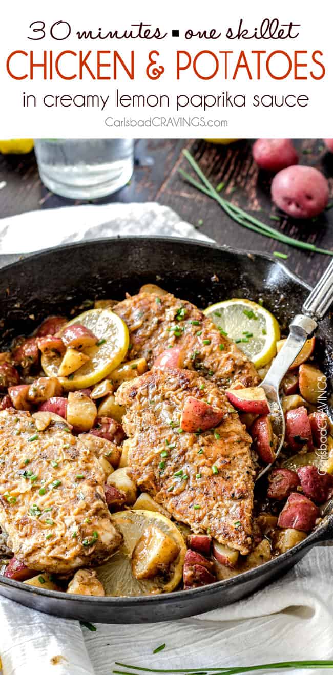 30 Minute Chicken and Potato Skillet in Creamy Lemon Paprika Sauce - quick and easy one pan meal (and one microwave dish), bursting with flavor. The potatoes finish cooking in the incredible sauce so they are SO flavorful and the crispy chicken is amazing!