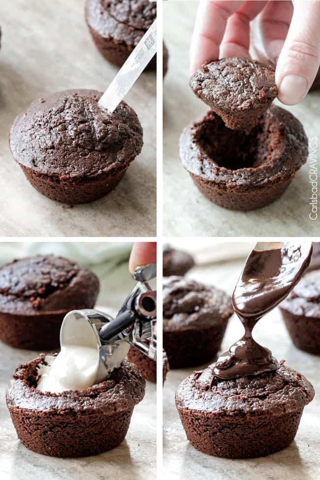 Showing how to ad the filling to Ding Dong Cupcakes
