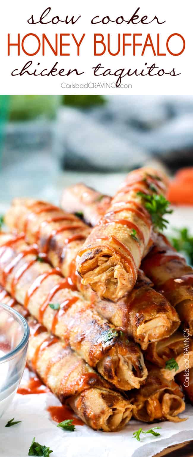 Super easy Slow Cooker Honey Buffalo Chicken Taquitos bursting with sweet heat cream cheese chicken filling you will want to eat it with a spoon! Perfect party appetizer that everyone will go crazy for or easy favorite meal!