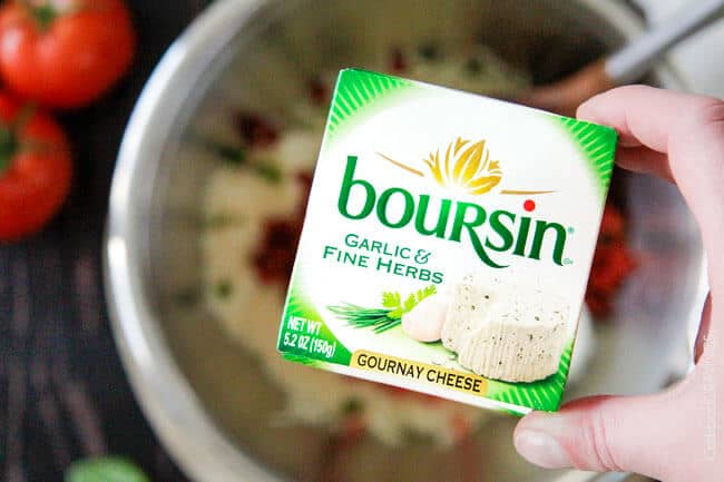 Showing how to make Bruschetta Cheese Ball using boursin garlic and herb cheese.