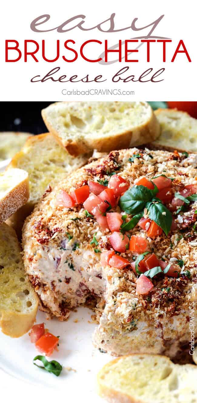 Super easy Bruschetta Cheese Ball takes just minutes to whip up and is always a total show stopper, make ahead appetizer! Loaded with fresh tomatoes, sun-dried tomatoes, fresh basil and garlic and herb cream cheese then rolled in crispy panko breadcrumbs all served with toasted baguette slices! So irresistibly delicious!