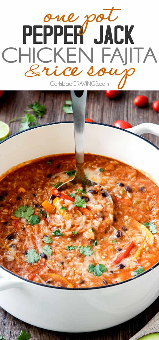 ONE POT Pepper Jack Chicken Fajita and Rice Soup is packed with your favorite fajita flavors and is SO easy, delicious and comforting! The whole family will love this!