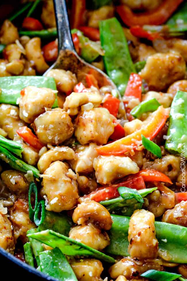 Close up of Honey Coconut Chicken with cashew nuts. 