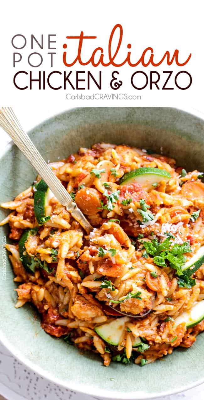 ONE POT Italian Chicken and Orzo (and veggies!) in a creamy Parmesan tomato sauce on your table in almost 30 minutes and all made in one pot!