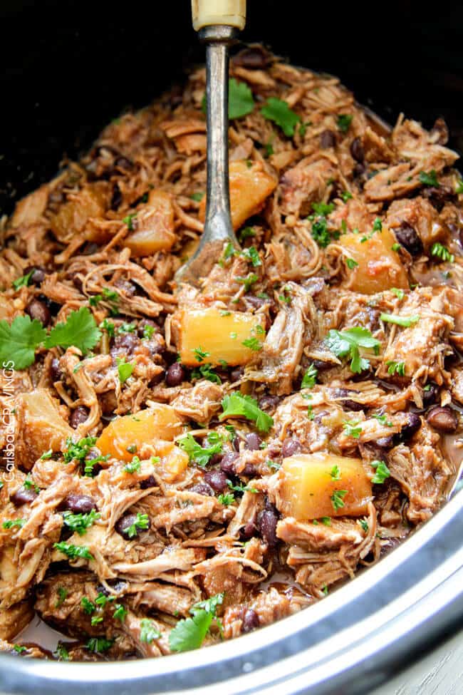 A close up of Slow Cooker Pineapple Salsa Pork.