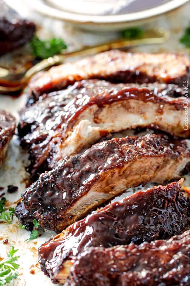 Cut Slow Cooker Barbecue Ribs.