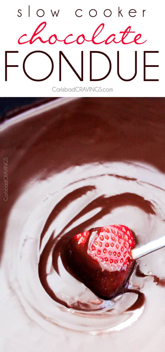 up close of dipping a strawberry into easy Chocolate Fondue 