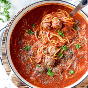 Easy One Pot Spaghetti and Meatball Soup tastes like your favorite spaghetti but is even more slurp-worthy crazy delicious! Use store bought meatballs or these incredibly moist Parmesan meatballs for a one pot meal the whole family will go crazy for!