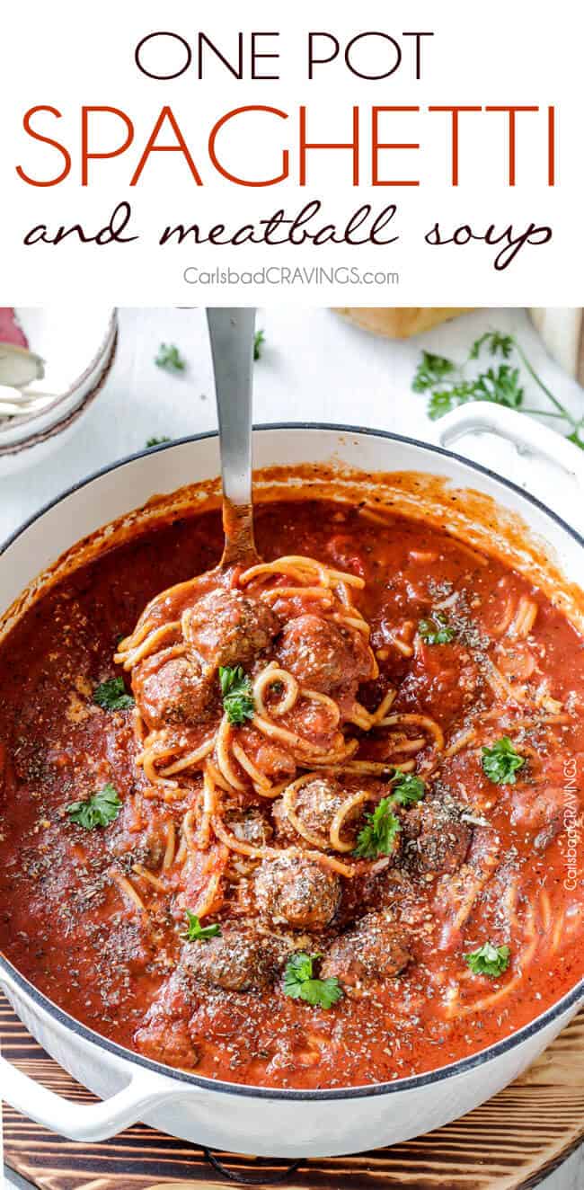 a ladle scooping up Italian Meatball Soup with pasta