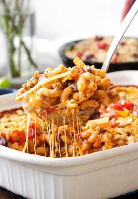 LIGHTER Cheesy Taco Pasta is my husband's absolute favorite pasta! Juicy beef, beans, pasta etc., smothered in an incredible Mexican spiced sauce is out of this world delicious! Your whole family will LOVE this and its super easy!