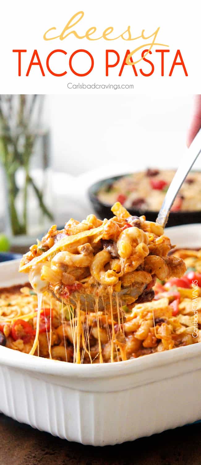 LIGHTER Cheesy Taco Pasta is my husband's absolute favorite pasta! Juicy beef, beans, pasta etc., smothered in an incredible creamy Enchilada-esque sauce out of this world delicious! Your whole family will LOVE this and its super easy!