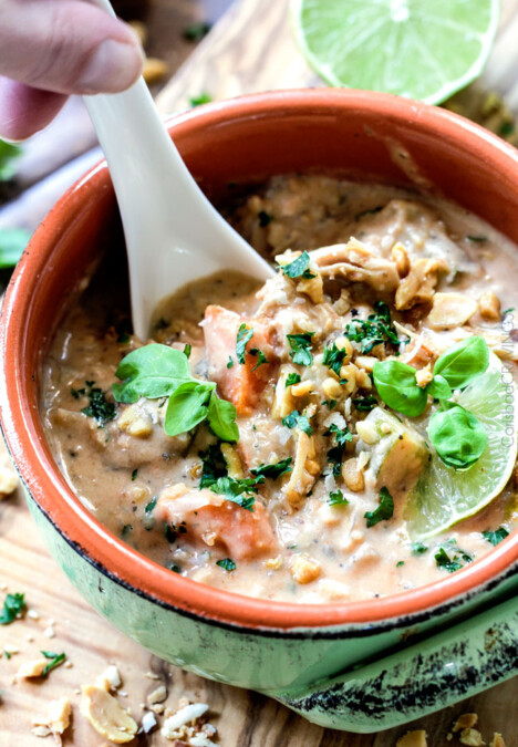 Slow Cooker Thai Coconut Chicken Wild Rice Soup loaded with customizable veggies in a creamy red curry peanut butter coconut broth is out is out of this world Delicious and couldn't be any easier!