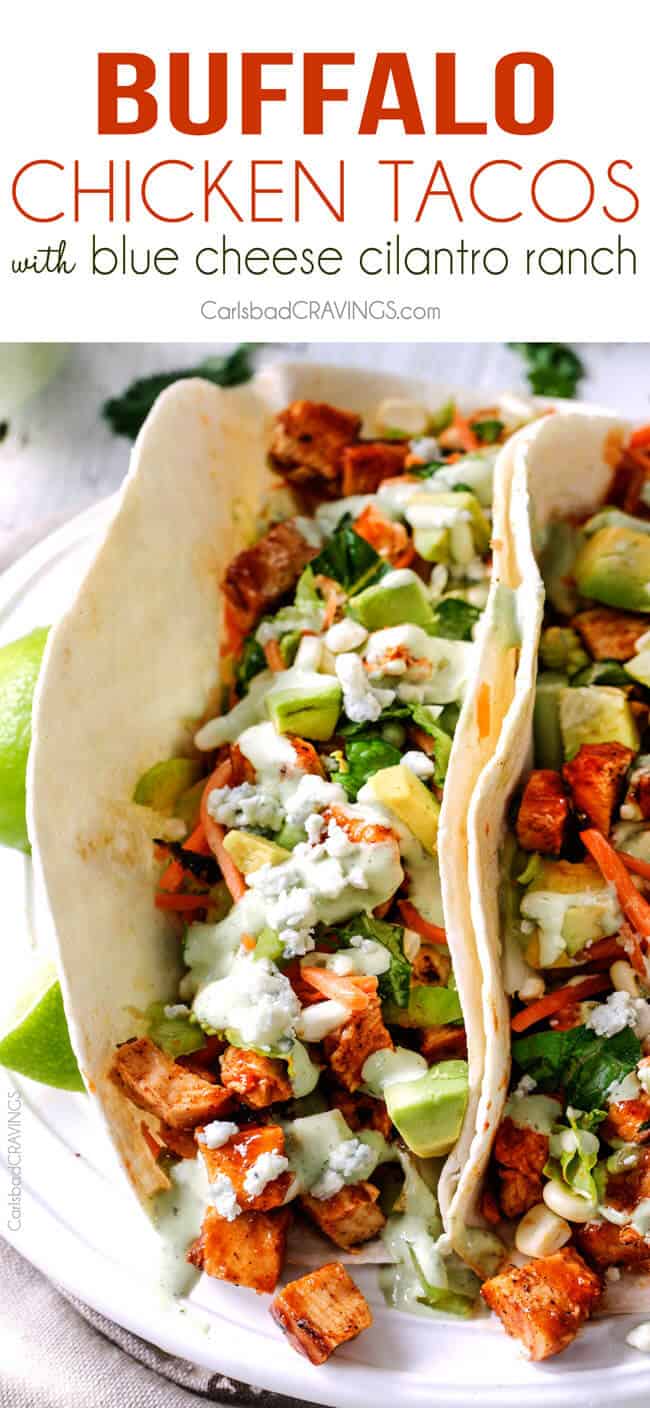 Buffalo Chicken Tacos are bursting with flavor from the incredible chicken and the Blue Cheese Cilantro Ranch is to die for! Always a crowd pleaser!