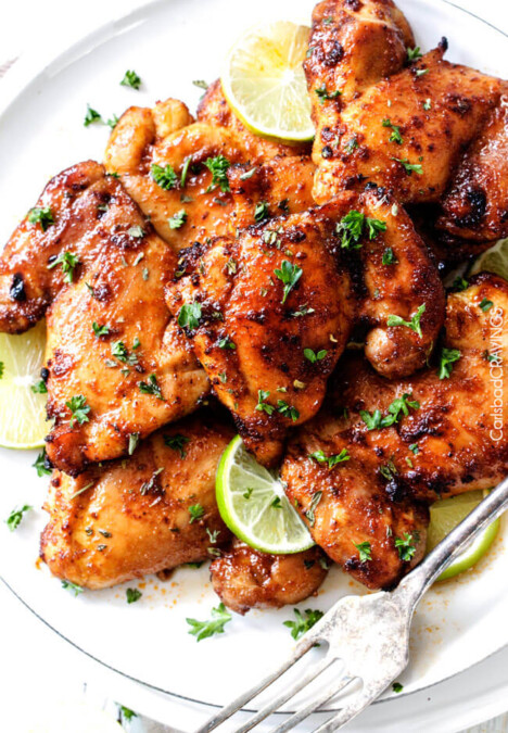 Sweet, Spicy and Tangy Honey Dijon Glazed Chicken is quick and easy and packed with flavor! The chicken thighs are rubbed in spices, cooked under the broiler for 10 minutes and glazed with the most incredible sauce!