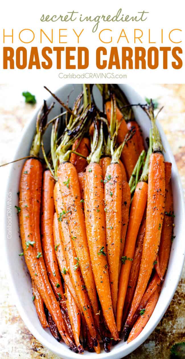 Tender, sweet and savory Secret Ingredient Honey Garlic Roasted Carrots are the most delicious carrots and easiest side dish EVER with only 10 minutes prep! I eat these like candy! #Thanksgiving #Easter #Christmas