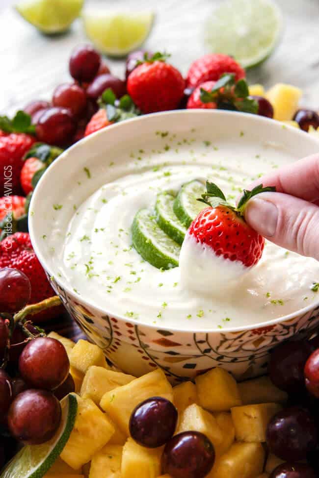 Key Lime Cheesecake Fruit Dip is smooth, creamy and the BEST way to eat fruit! Addictingly delicious make ahead snack or appetizer!