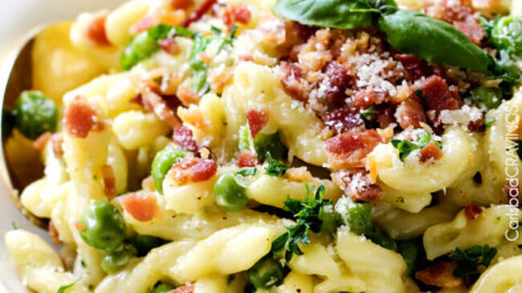 One Pot Pea and Bacon Pasta in Mascarpone Parmesan Sauce is a decadently delicious pasta and the EASIEST pasta you will ever make (seriously look at the directions)! Fabulous company or special occasion stress free side! #Easter #holiday #Christmas #Thanksgiving #pesto