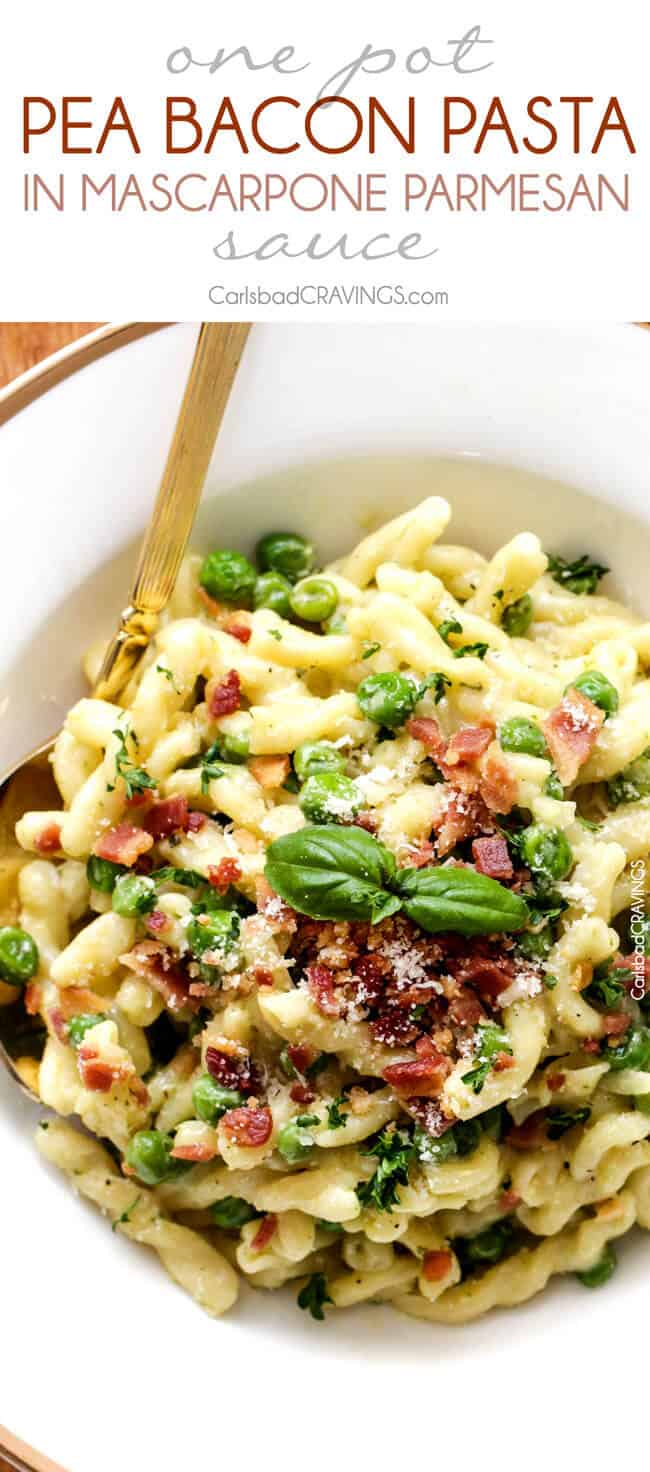 One Pot Pea and Bacon Pasta in Mascarpone Parmesan Sauce is a decadently delicious pasta and the EASIEST pasta you will ever make (seriously look at the directions)! Fabulous company or special occasion stress free side! #Easter #holiday #Christmas #Thanksgiving #pesto