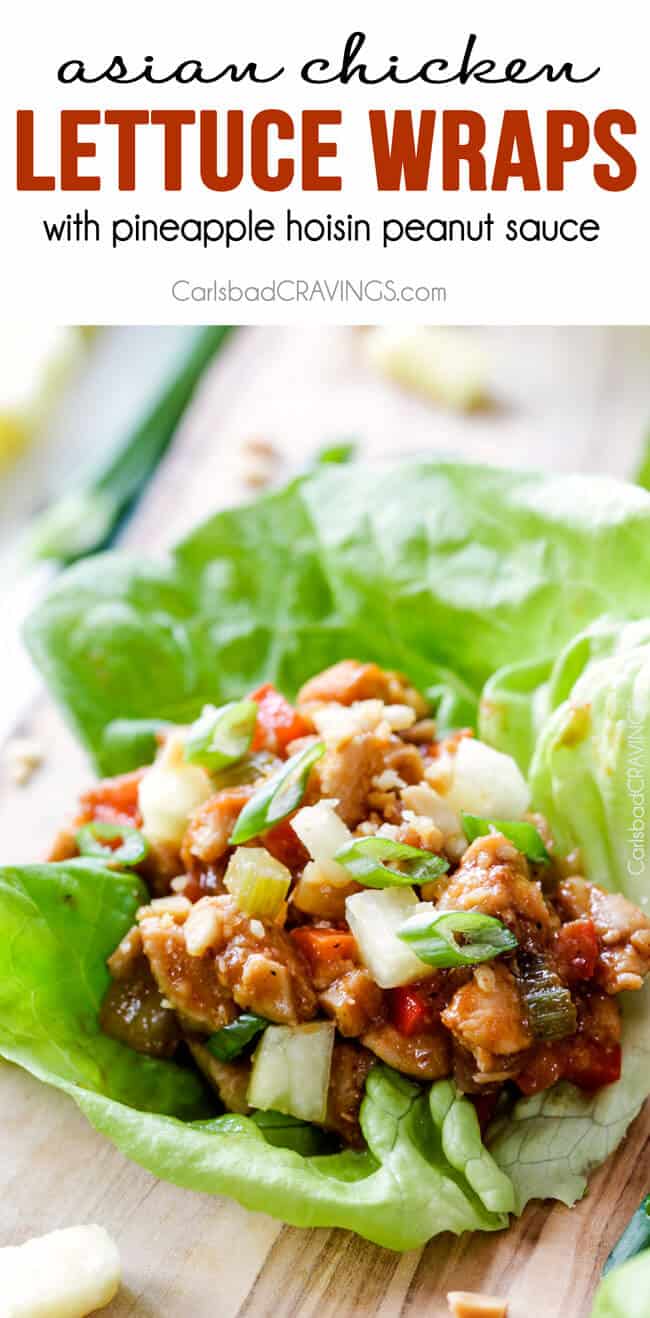 Quick and easy Asian Chicken Lettuce Wraps smothered in an unbelievable Pineapple Hoisin Peanut Sauce are 1000X better than takeout and on your table in under 30 minutes!