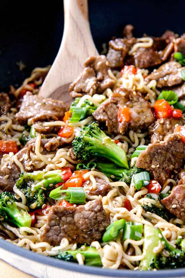 A close up of Beef and Broccoli Noodle Bowls.