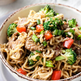 Tender slices of beef that are SO juicy, SO flavorful stir fried and smothered in the most incredible savory sauce with lip smacking noodles. BEST noodles I'VE EVER HAD!