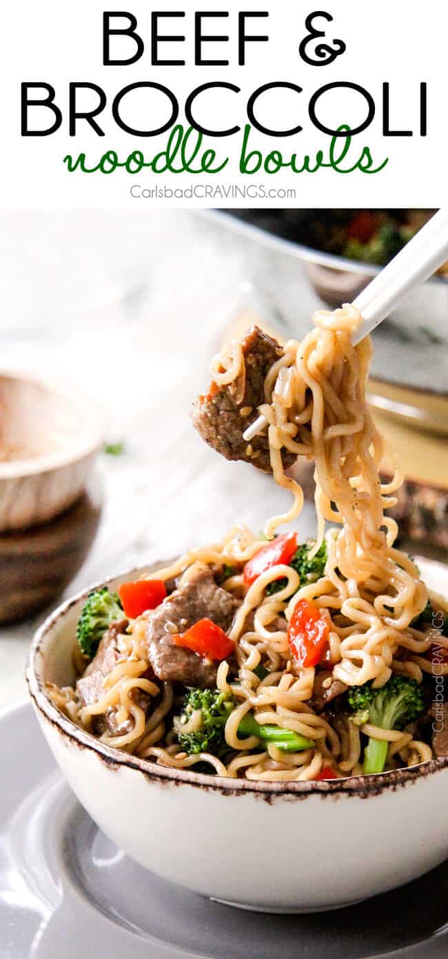 Beef and Broccoli Noodle Bowls with chopsticks.