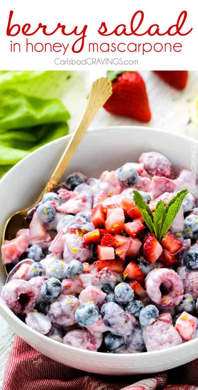 Fresh Berry Salad is one of the BEST fruit salads you will ever make! Smothered in sweet and tangy, incredibly creamy Honey Mascarpone that takes minutes to whip up and tastes incredible! Perfect for brunch, barbecues and all your pool side parties!