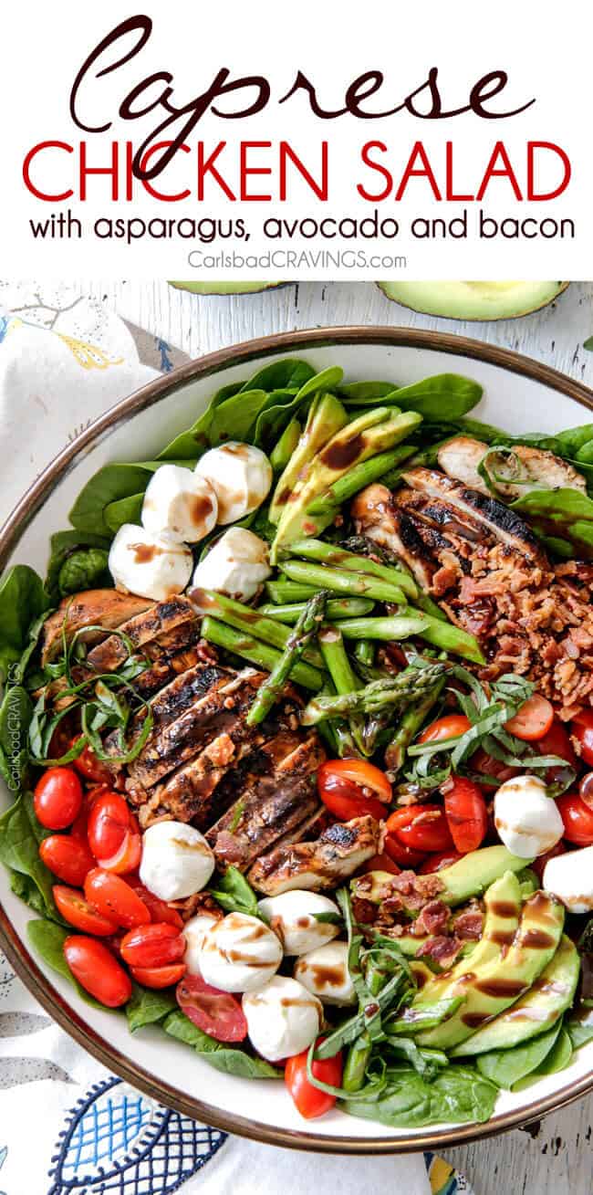 Grilled Caprese Chicken Salad with the most incredible balsamic marinated chicken, fresh tomatoes, creamy mozzarella, grilled asparagus, creamy avocado and crispy bacon all drizzled with Creamy Balsamic Reduction Dressing. Out of this world! #summersalad #springsalad