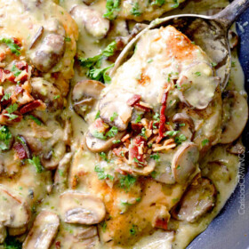 30 Minute Chicken in Creamy Mushroom Sauce with Bacon and Pesto is one of the easiest yet most delicious chicken dinners you will ever make! Love it with pasta, rice or potatoes, etc..