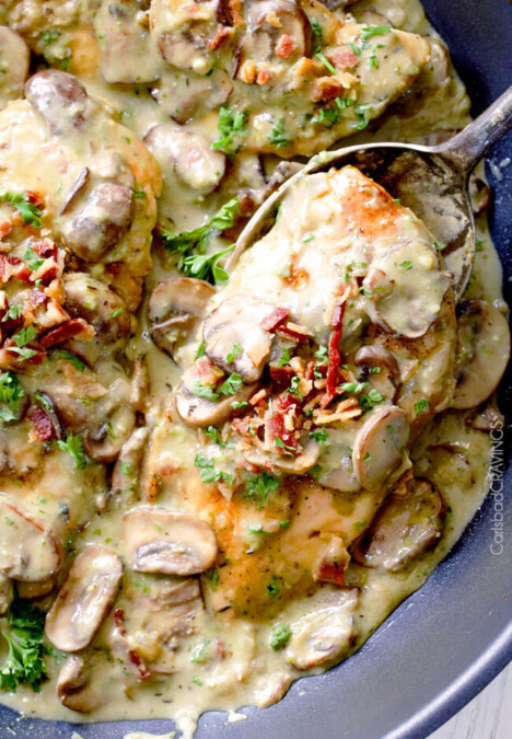 30 Minute Chicken in Creamy Mushroom Sauce with Bacon and Pesto is one of the easiest yet most delicious chicken dinners you will ever make! Love it with pasta, rice or potatoes, etc..