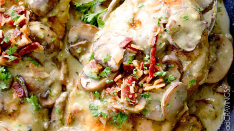 30 Minute Chicken in Creamy Mushroom Sauce with Bacon and Pesto is one of the easiest yet most delicious chicken dinners you will ever make! Love it with pasta, rice or potatoes, etc..