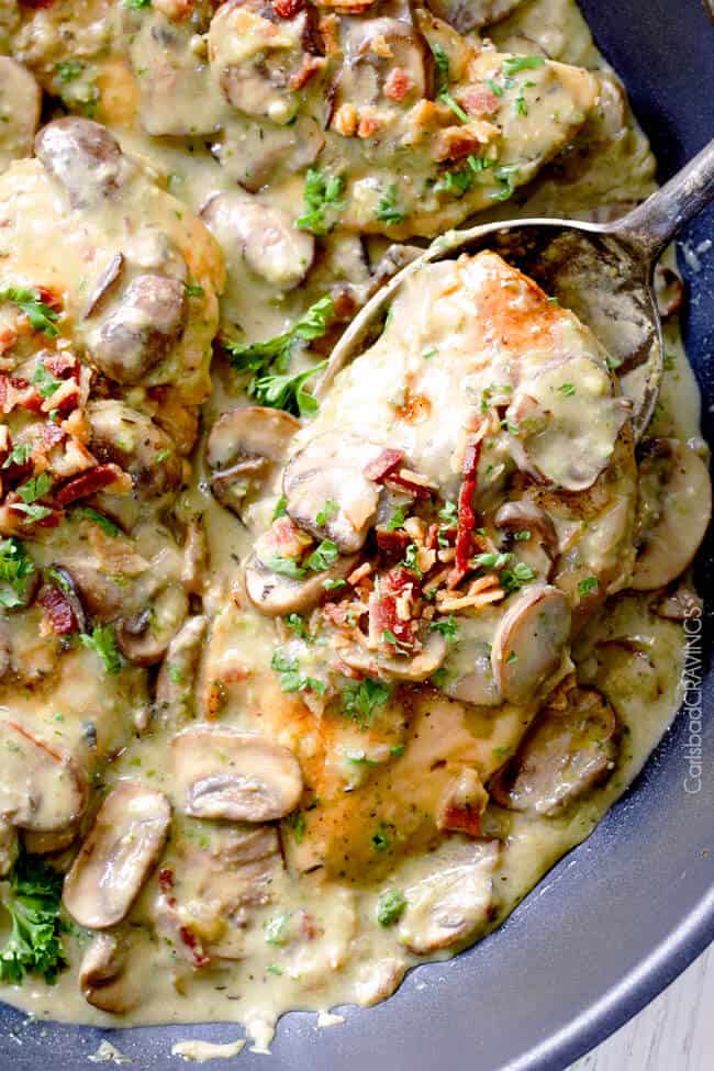 Skillet Chicken in Creamy Mushroom Sauce with Bacon