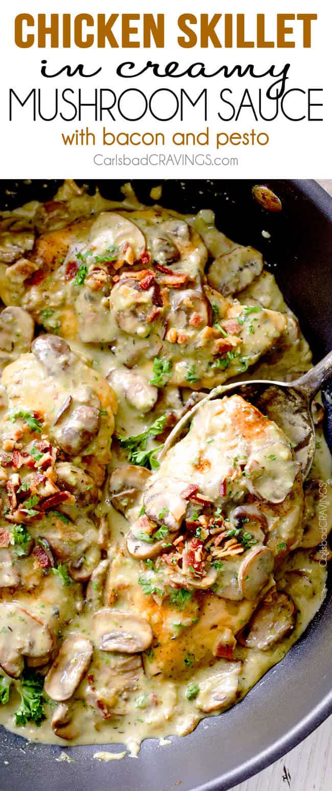 top view of chicken with mushroom sauce in a skillet. 