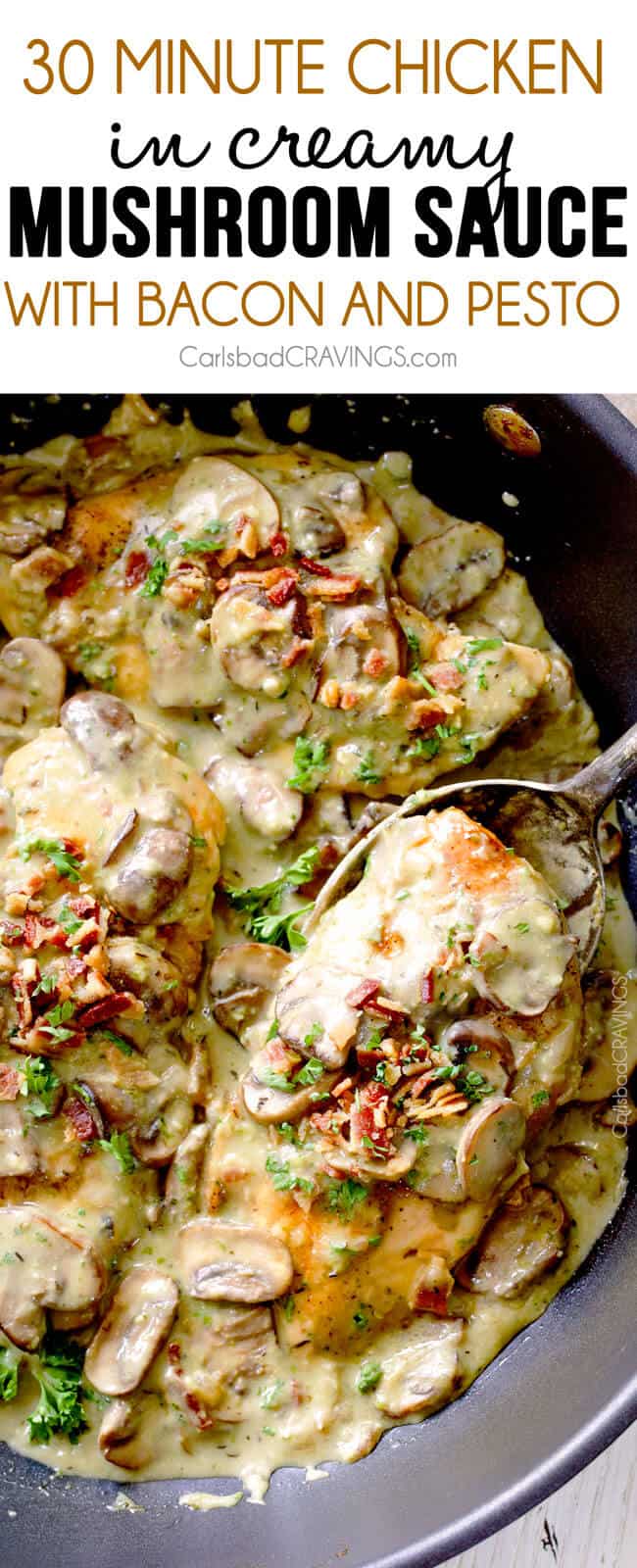 30 Minute Chicken in Creamy Mushroom Sauce with Bacon and Pesto is one of the easiest yet most delicious chicken dinners you will ever make! Love it with pasta, rice or potatoes, etc..