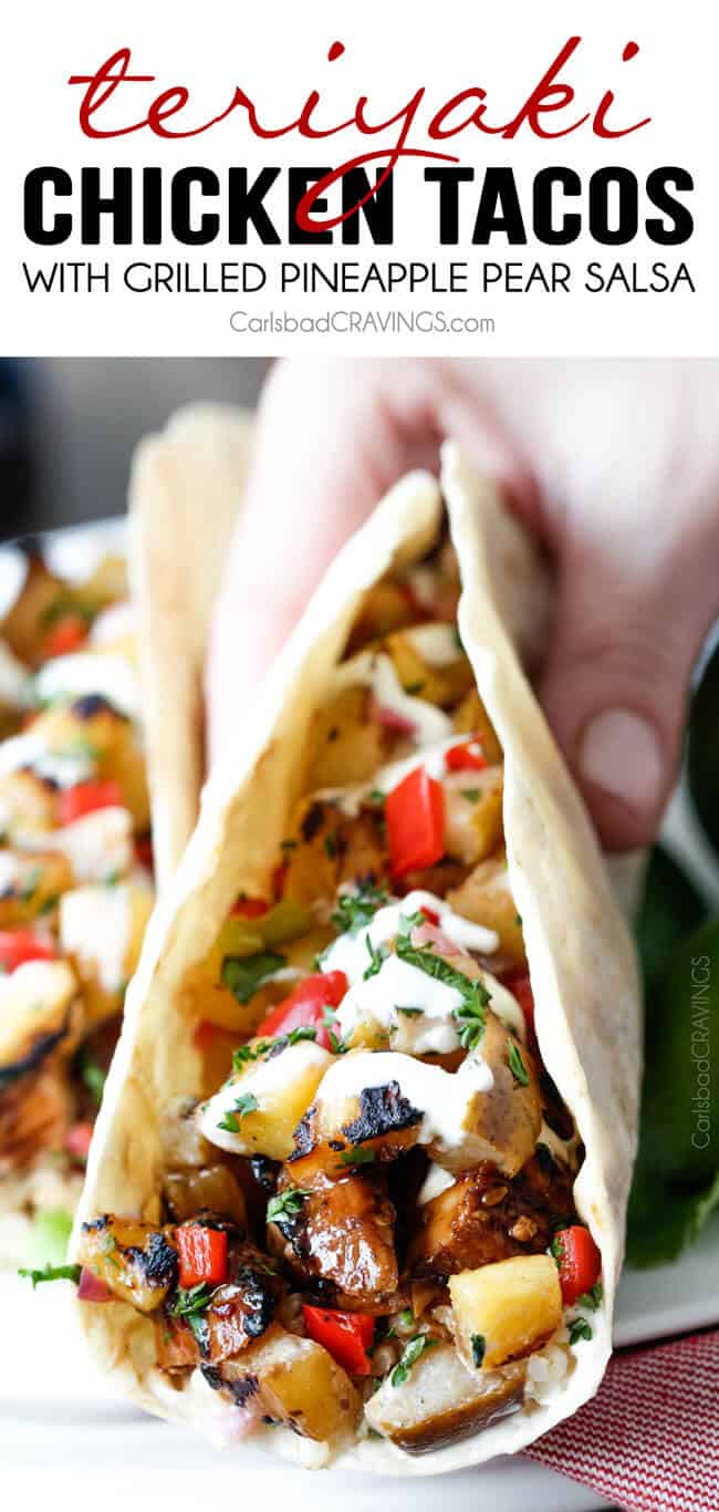 Teriyaki Chicken Tacos smothered with the BEST easy teriyaki sauce and piled with Grilled Pineapple Pear Salsa will be your new favorite taco! Company worthy but everyday easy!